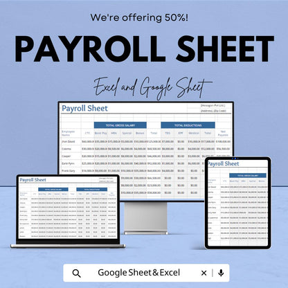 Payroll Sheet Template for Excel and Google Sheets | Instant Download | 50% Off | Organize Employee Salaries & Deductions