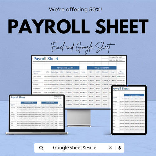 Payroll Sheet Template for Excel and Google Sheets | Instant Download | 50% Off | Organize Employee Salaries & Deductions