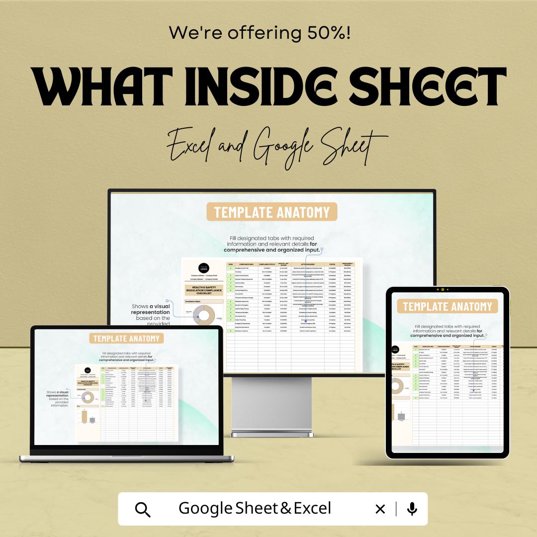 Health & Safety Regulation Compliance Checklist Sheet | Excel and Google Sheets | OSHA Compliance, Workplace Safety