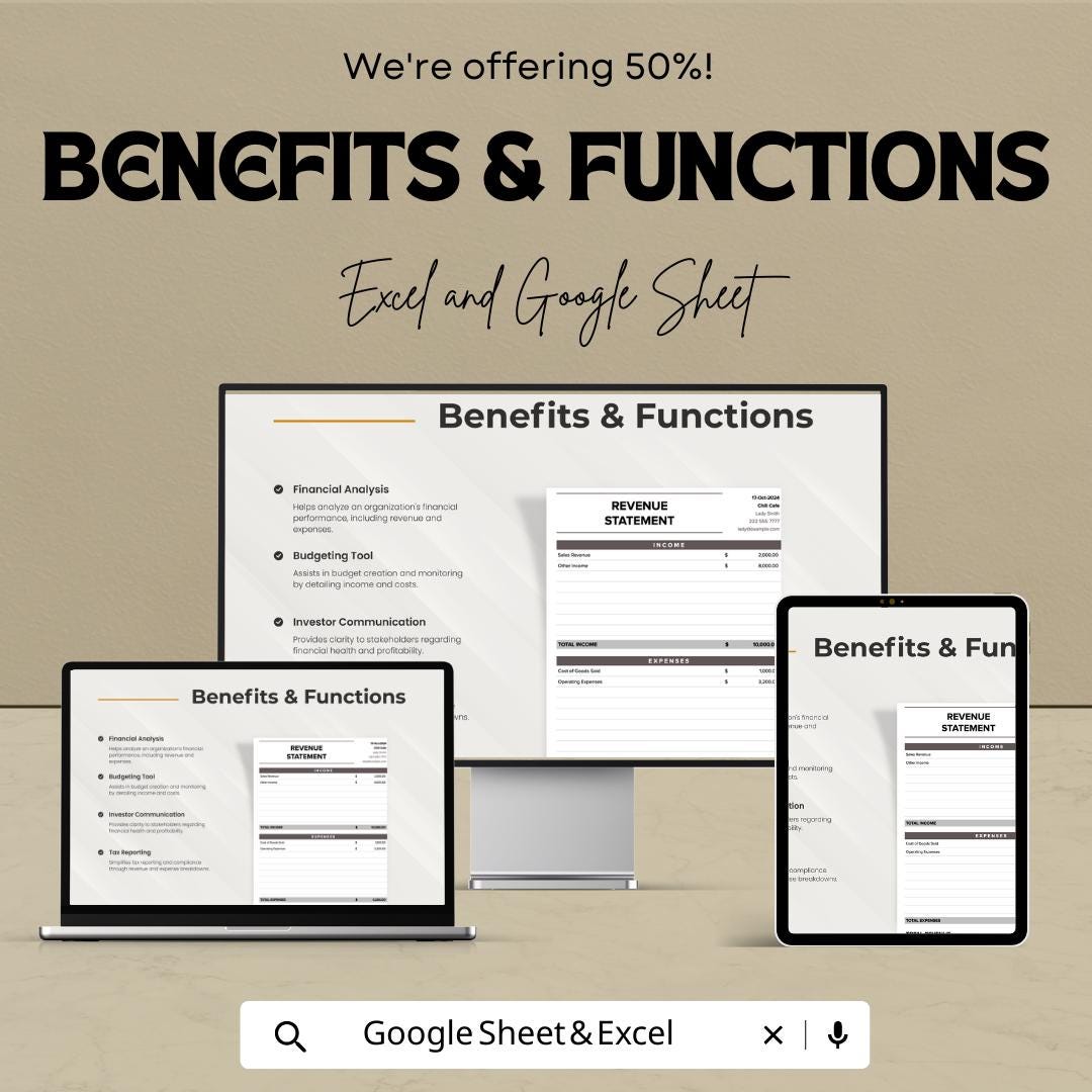 Revenue Statement Template | Excel & Google Sheets Income Statement | Business Revenue Tracker | Financial Statement Spreadsheet