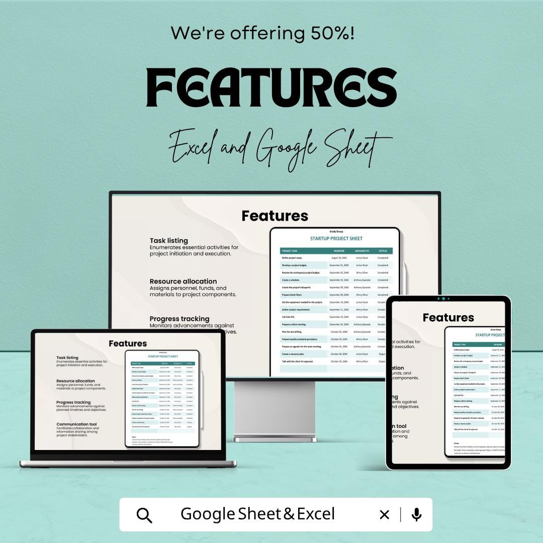 Startup Project Sheet Template | Project Tracking Spreadsheet | Task Management Sheet | Project Management Template | Excel & Google Sheets