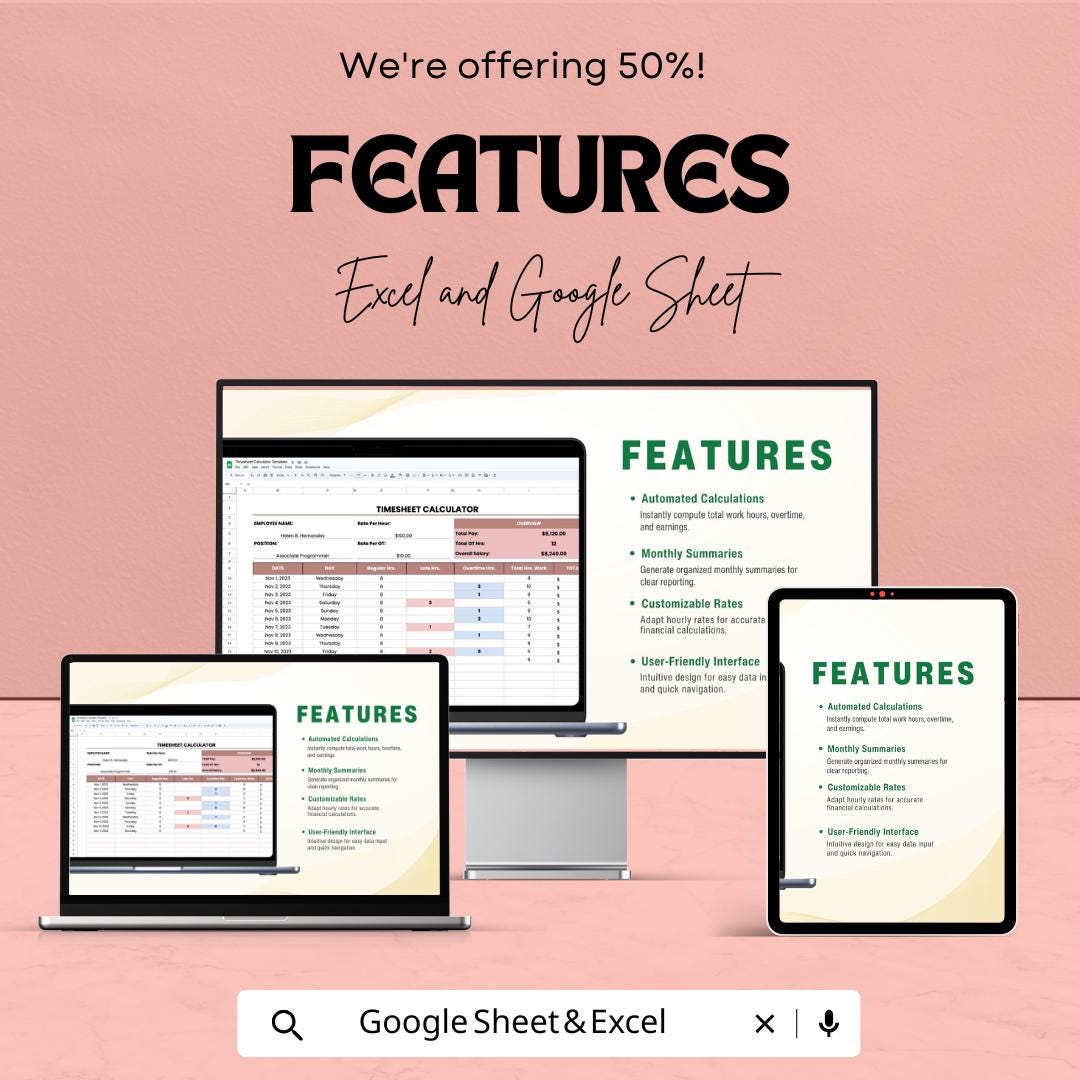 Timesheet Calculator Sheet - Excel and Google Sheets - Employee Time Tracking & Payroll Management - Hours Worked, Overtime,