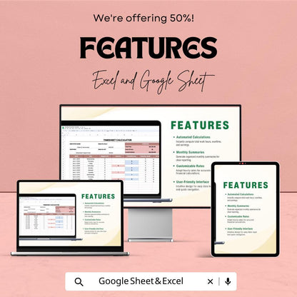 Timesheet Calculator Sheet - Excel and Google Sheets - Employee Time Tracking & Payroll Management - Hours Worked, Overtime,