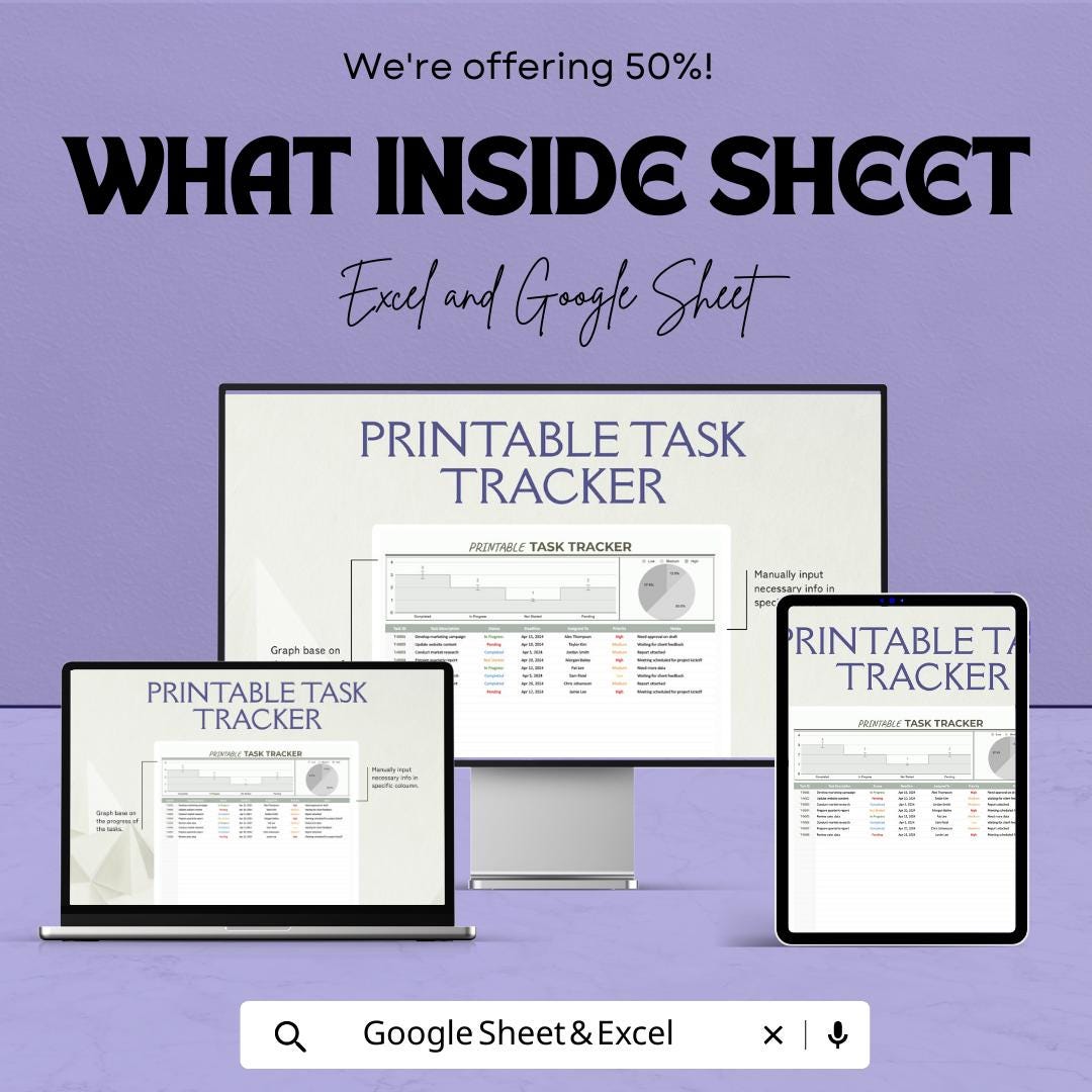 Printable Task Tracker Template Excel & Google Sheets | Project Management Spreadsheet | Daily Work Planner | Employee Task Log Dashboard