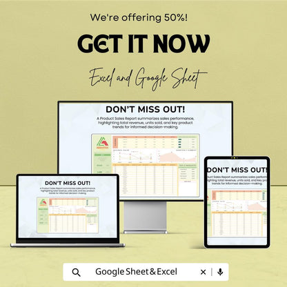 Product Sales Report Template | Sales Dashboard Spreadsheet | Revenue and Units Sold Tracker | Business Sales Analysis Template