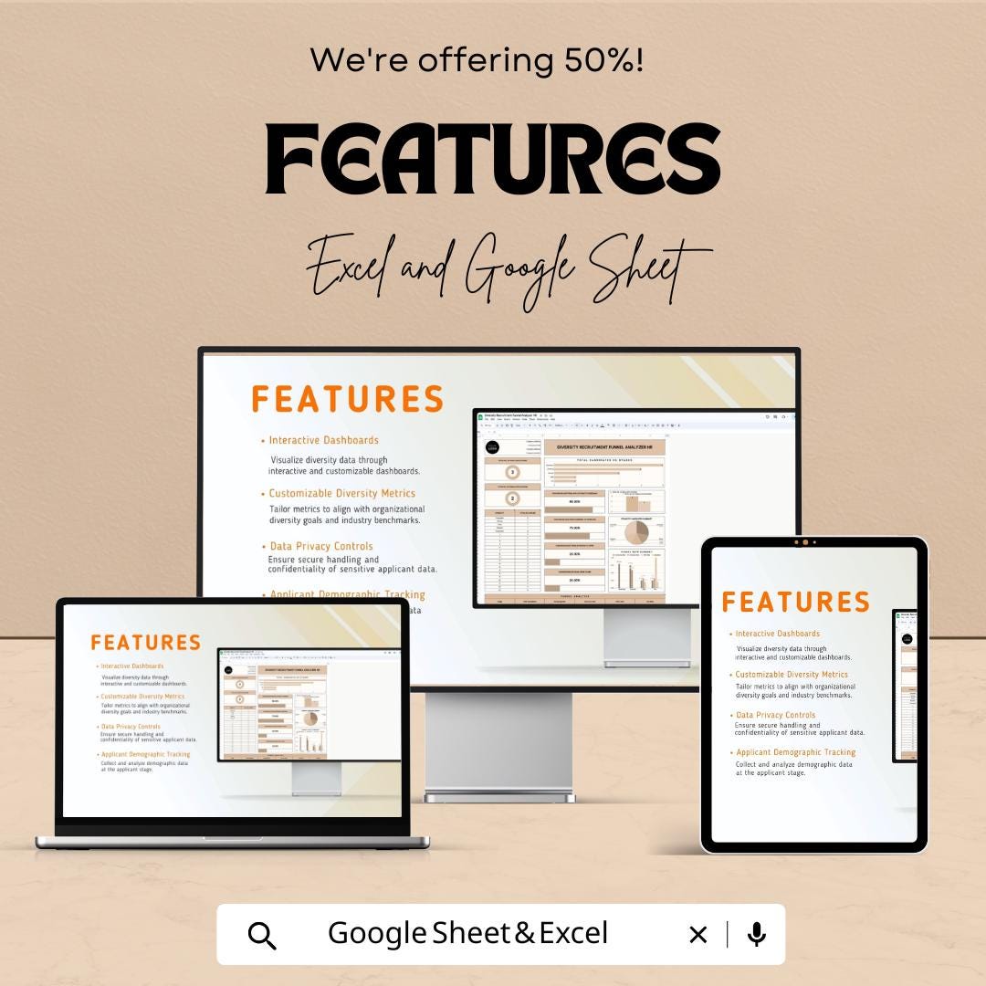 Diversity Recruitment Funnel Analyzer HR Template | DEI Hiring Analytics | Recruitment Diversity Dashboard | Excel & Google Sheets HR Tool