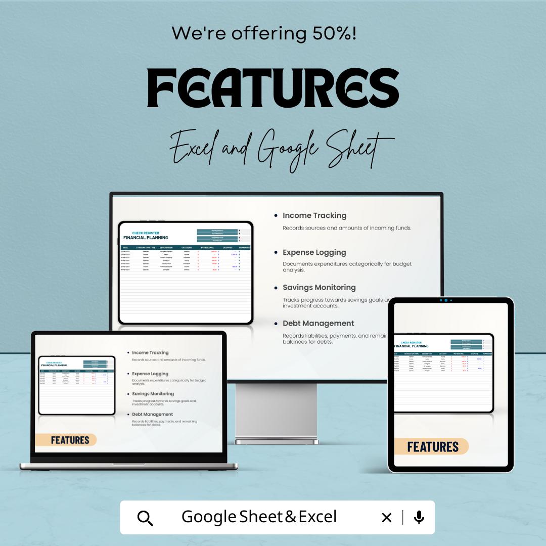 Check Register for Financial Planning Template | Expense Tracker | Income and Expense Log | Budget Register Spreadsheet