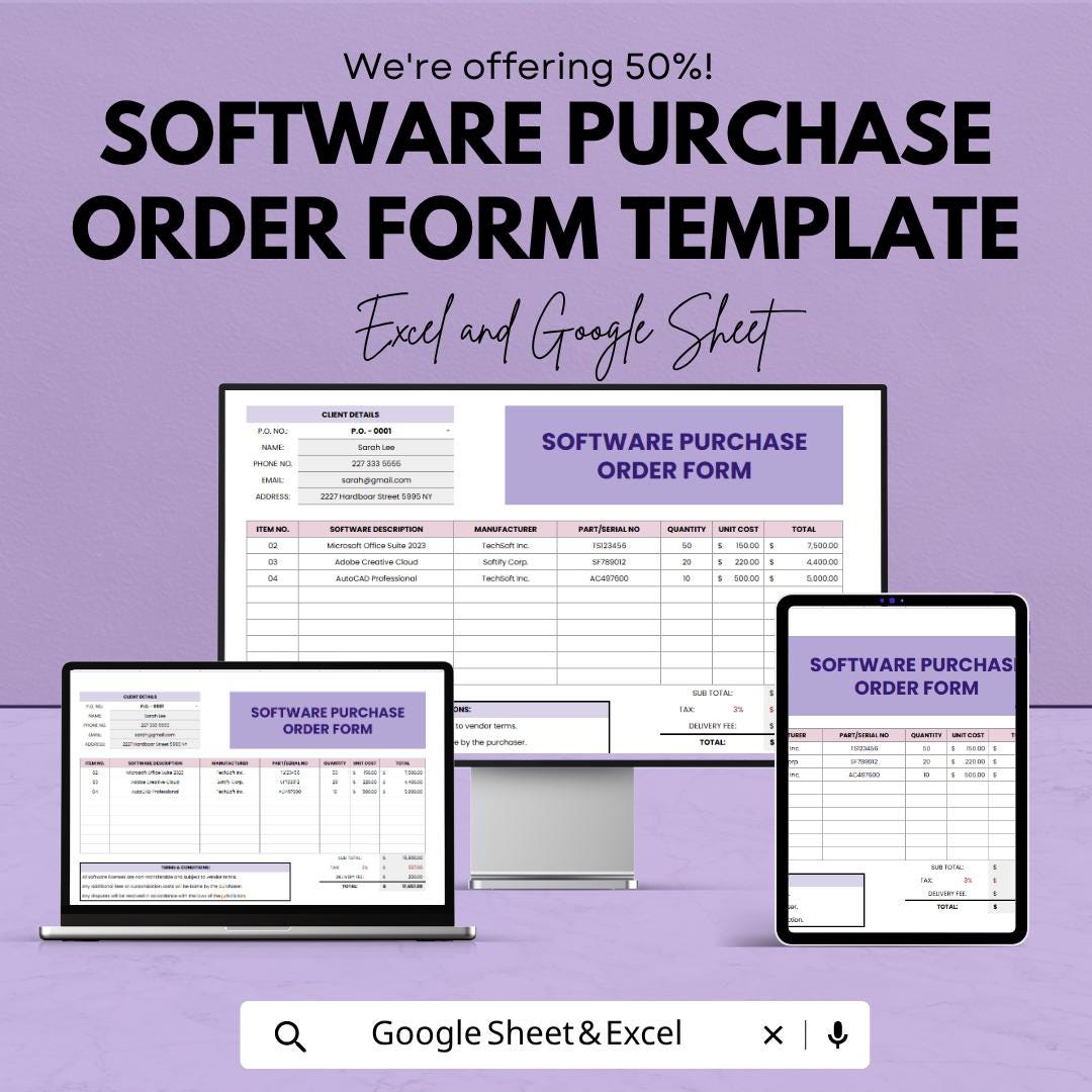 Software Purchase Order Form Template | Purchase Order Spreadsheet | Procurement Tracker Template | Business Order Form