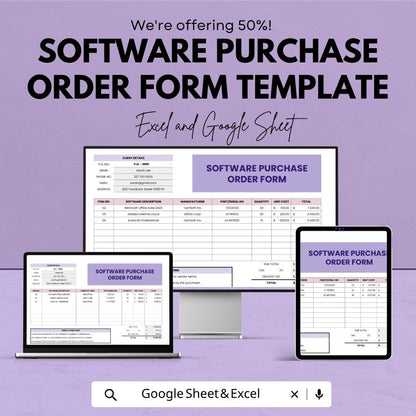 Software Purchase Order Form Template | Purchase Order Spreadsheet | Procurement Tracker Template | Business Order Form