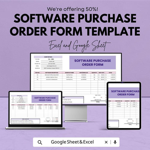 Software Purchase Order Form Template | Purchase Order Spreadsheet | Procurement Tracker Template | Business Order Form