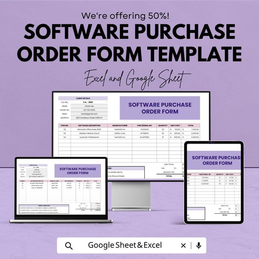 Software Purchase Order Form Template | Purchase Order Spreadsheet | Procurement Tracker Template | Business Order Form