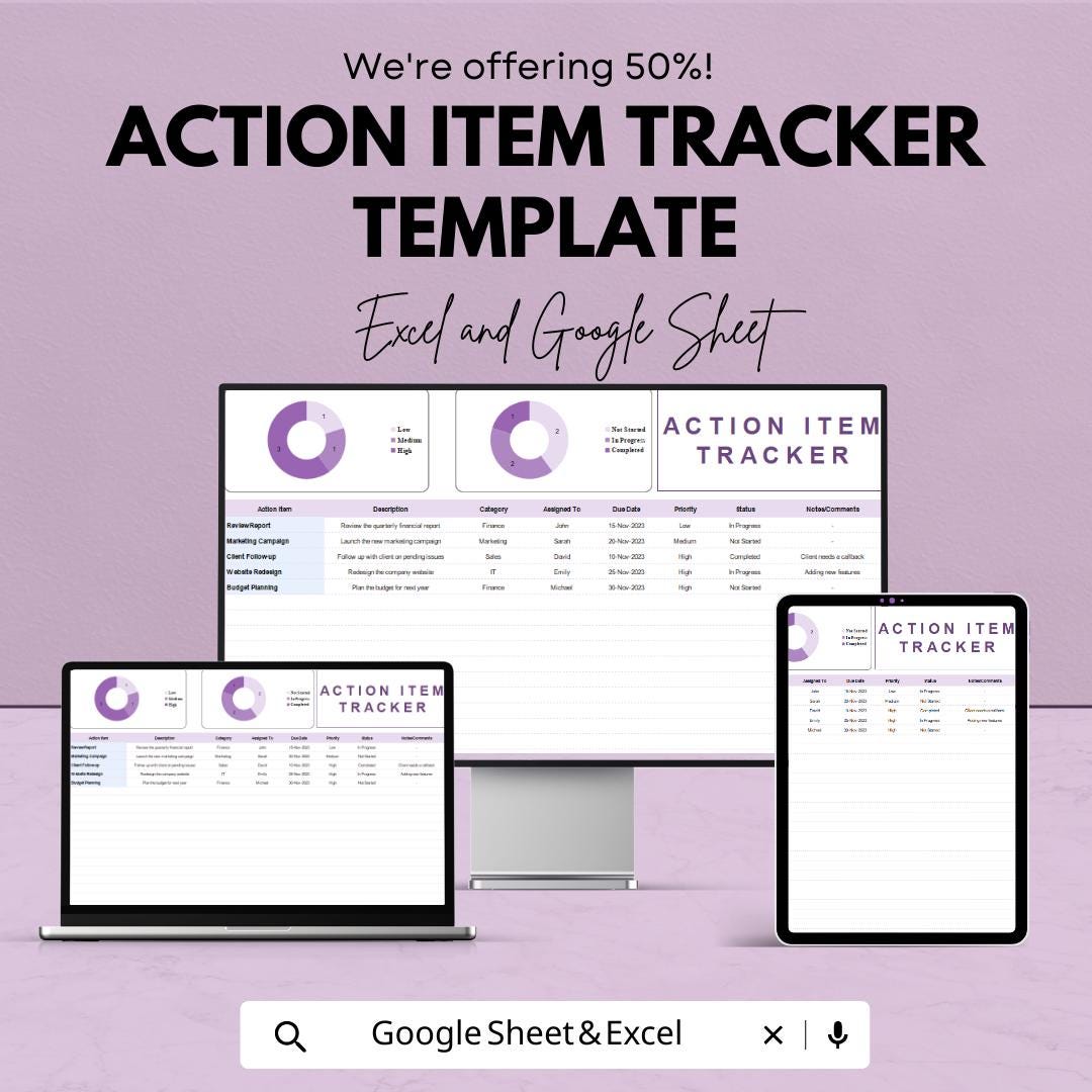 Action Item Tracker Template  | Task Tracker Spreadsheet | Project Task Manager | To Do List Tracker | Team Task Planner
