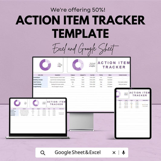 Action Item Tracker Template  | Task Tracker Spreadsheet | Project Task Manager | To Do List Tracker | Team Task Planner