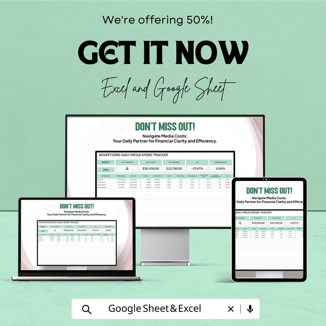 Advertising Daily Media Spend Tracker Template  | Ad Spend Tracker | Marketing Budget Planner | Media Invoice Tracking Spreadsheet