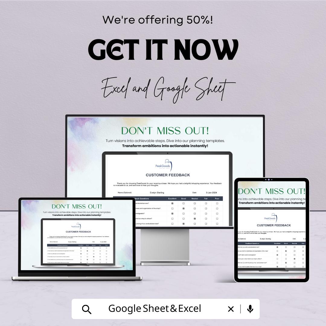 E-commerce Customer Feedback Template | Excel & Google Sheets | 50% OFF