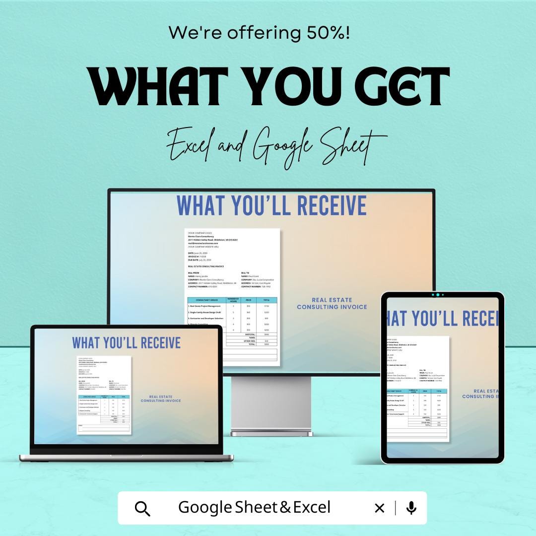 Real Estate Consulting Invoice Template | Realtor Invoice | Property Consulting Billing Form | Editable Business Invoice