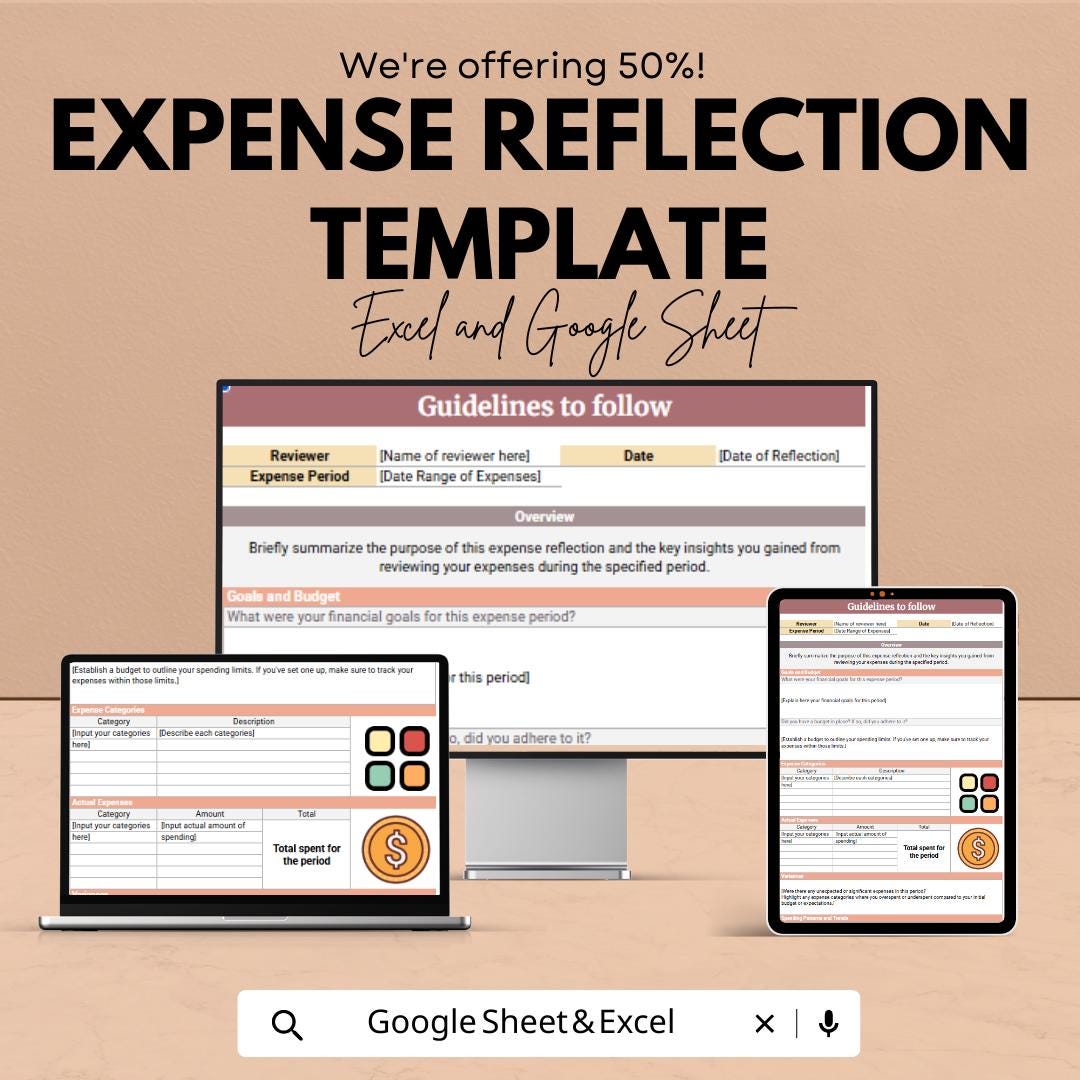 Expense Reflection Template | Expense Review Spreadsheet | Budget Reflection Planner | Personal Finance Review