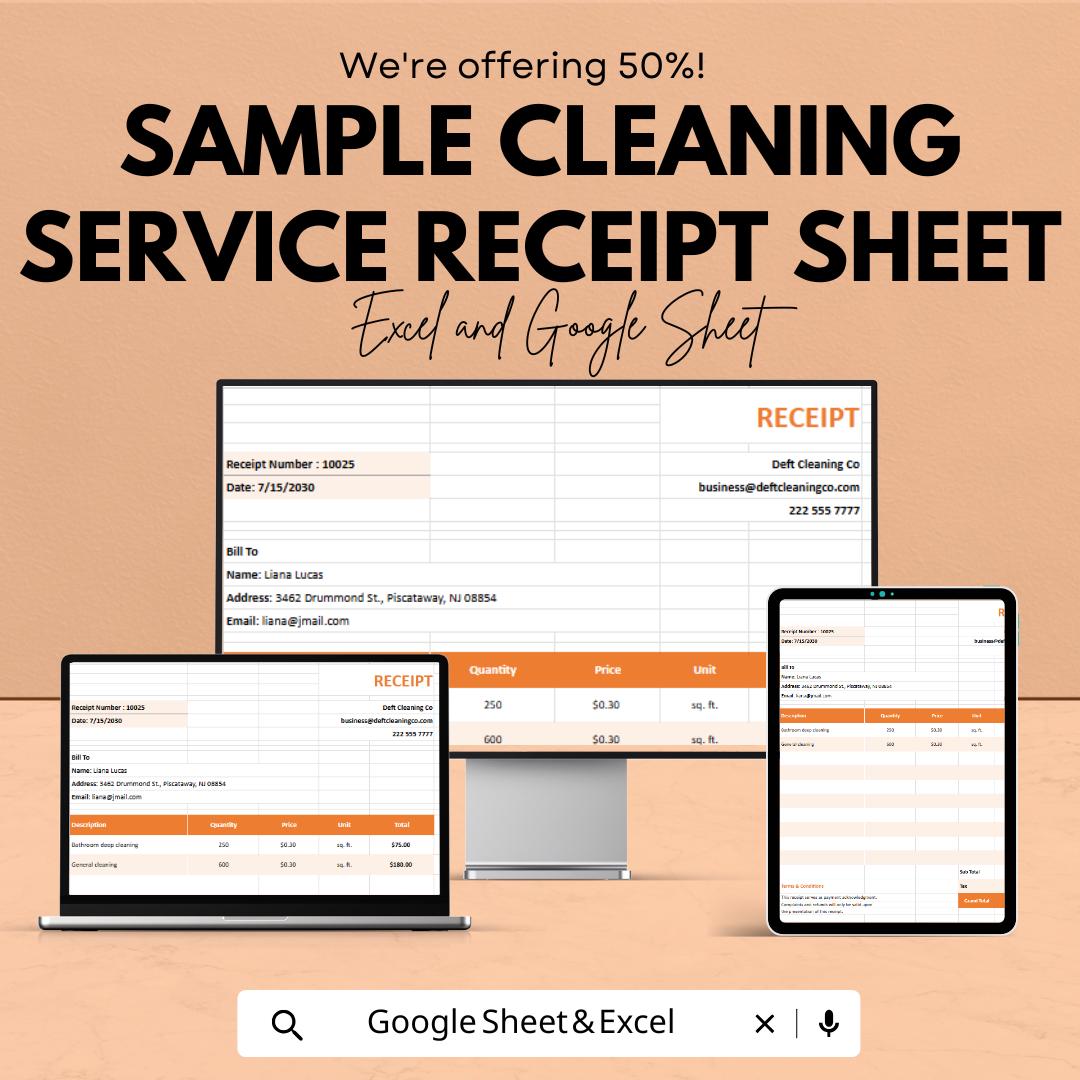 Sample Cleaning Service Receipt Sheet | Printable and Downloadable Template | Excel & Google Sheets | Customizable Invoice Template