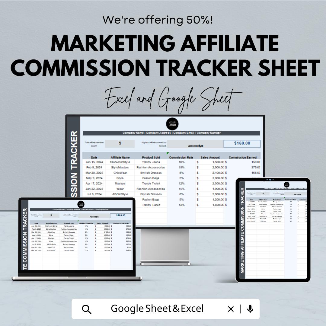 Marketing Affiliate Commission Tracker | Excel & Google Sheet | Sales Commission Log | Digital Template for Affiliate Managers