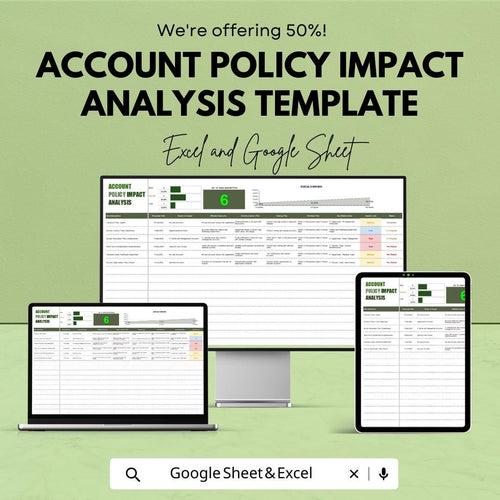 Account Policy Impact Analysis Template,  Risk Assessment Spreadsheet, Compliance Tracker, Business Policy Analysis Tool