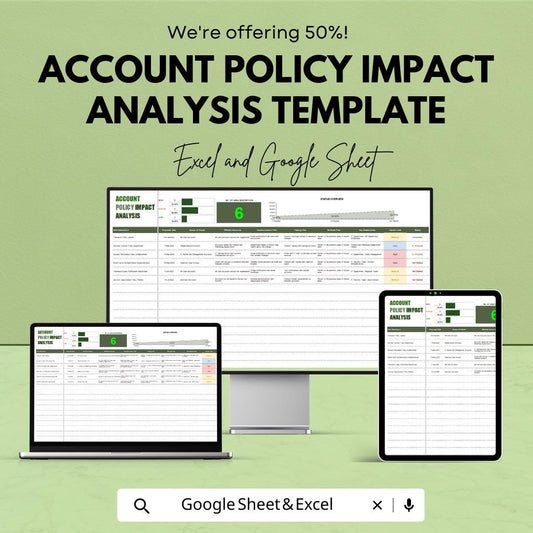 Account Policy Impact Analysis Template,  Risk Assessment Spreadsheet, Compliance Tracker, Business Policy Analysis Tool