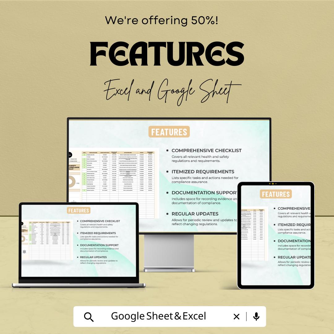 Health & Safety Regulation Compliance Checklist Sheet | Excel and Google Sheets | OSHA Compliance, Workplace Safety