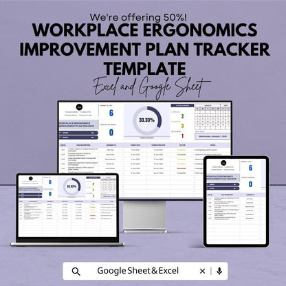Workplace Ergonomics Improvement Plan Tracker | Ergonomic Assessment Tool | Excel & Google Sheets