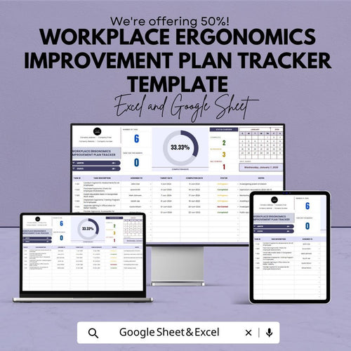 Workplace Ergonomics Improvement Plan Tracker | Ergonomic Assessment Tool | Excel & Google Sheets