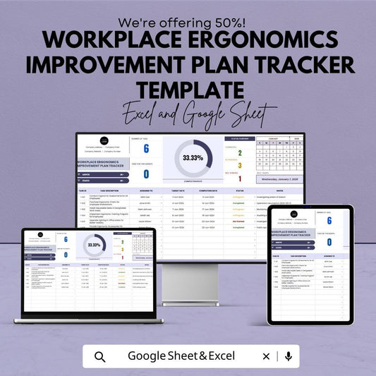 Workplace Ergonomics Improvement Plan Tracker | Ergonomic Assessment Tool | Excel & Google Sheets