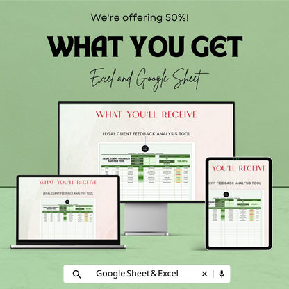 Legal Client Feedback Analysis Tool Template, Law Firm Feedback Tracker, Client Satisfaction Spreadsheet,  Legal Survey Log