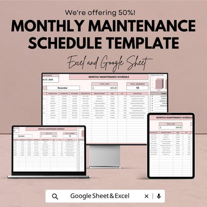 Monthly Maintenance Schedule Template | Maintenance Log Spreadsheet | Equipment Maintenance Tracker | Maintenance Planner