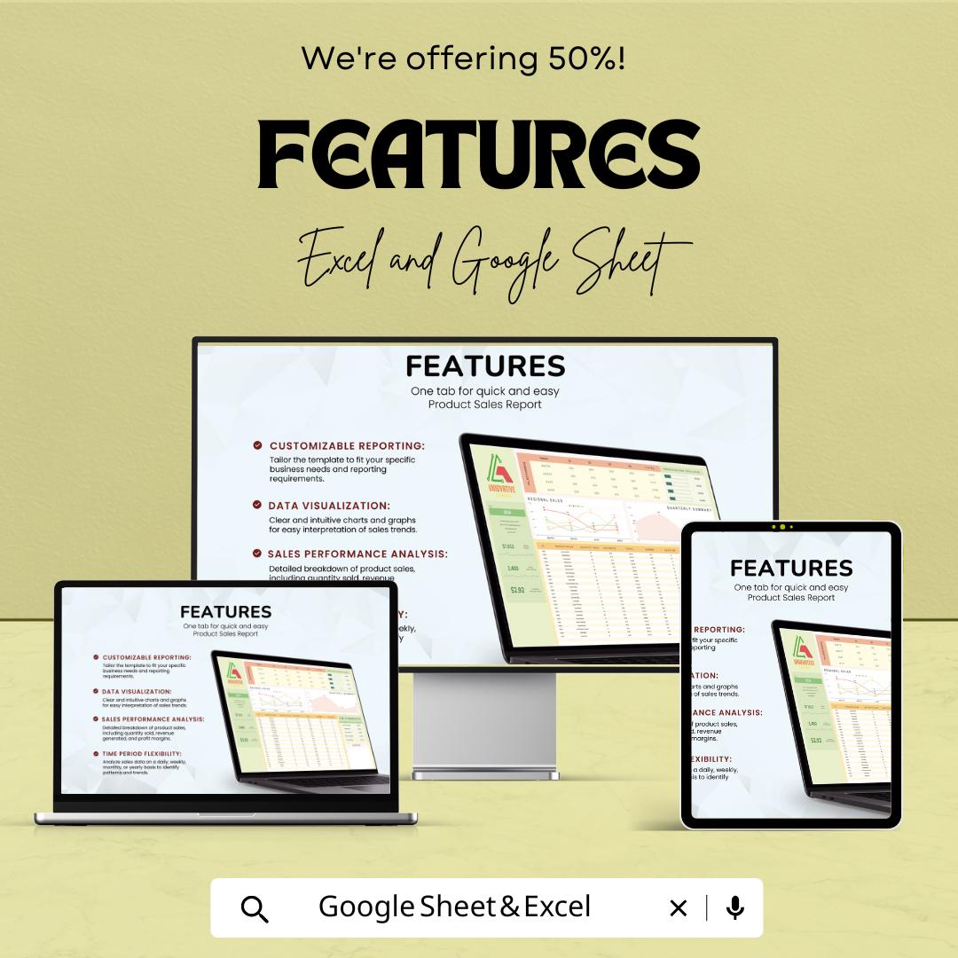 Product Sales Report Template | Sales Dashboard Spreadsheet | Revenue and Units Sold Tracker | Business Sales Analysis Template