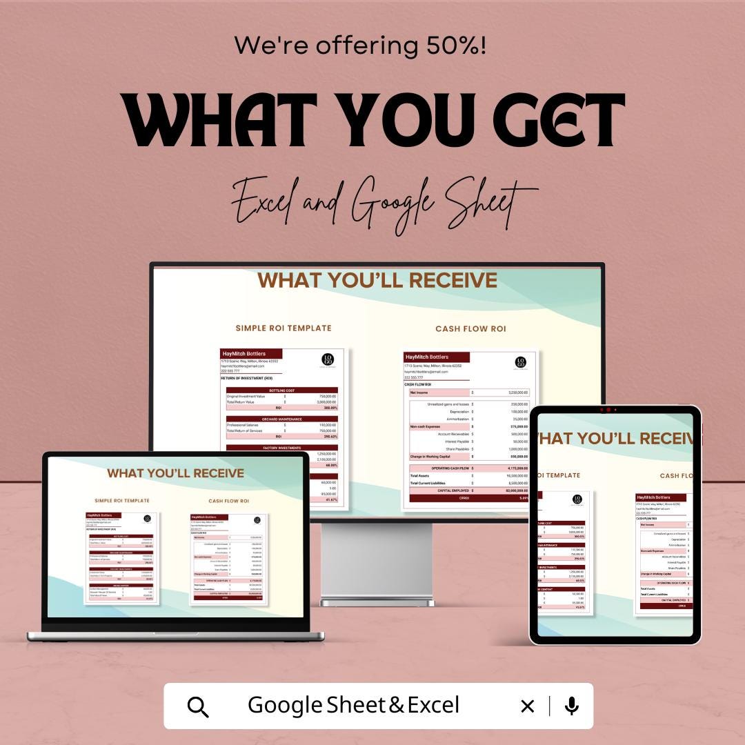 Simple ROI Template | Return on Investment Calculator | Business Finance Tracker | Profit Analysis Spreadsheet | Financial Planner