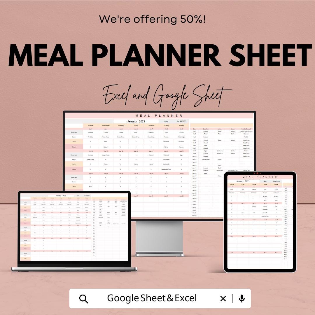 Meal Planner Sheet | Weekly & Monthly Meal Planner Template | Easy Meal Planning and Grocery List Generator | Meal Prep and Nutrition