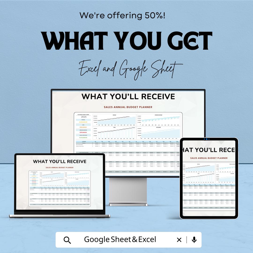 Sales Annual Budget Planner Template | Revenue and Expense Forecast Spreadsheet | Yearly Financial Planning Template