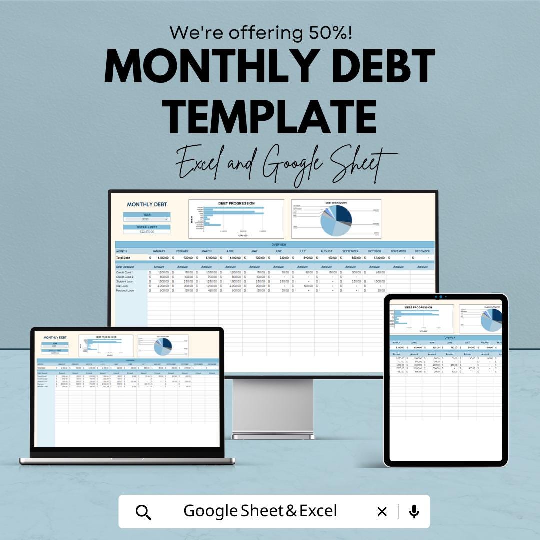 Monthly Debt Template | Debt Tracker Spreadsheet | Monthly Debt Payment Planner | Excel & Google Sheets | Personal Finance Budget Sheet