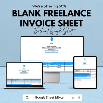 Blank Freelance Invoice Sheet - Excel & Google Sheets Template - Customizable Billing Template for Freelancers - 50% Off - Instant Download