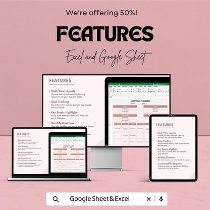 Monthly Planner Template | Editable Excel & Google Sheets Planner | Goal Tracker | Digital Organizer | Productivity and Schedule Template