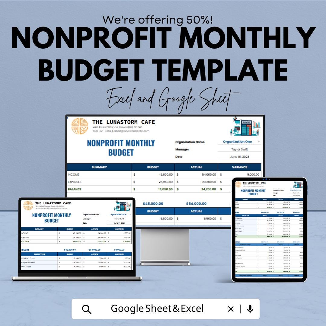 Nonprofit Monthly Budget Template | Nonprofit Budget Spreadsheet | Charity Budget Planner | Income & Expense Tracker