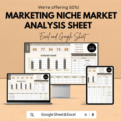 Marketing Niche Market Analysis Sheet | Excel and Google Sheets Template for Market Research | Track Business Performance | 50% Off