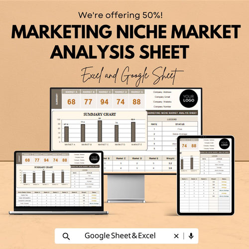 Marketing Niche Market Analysis Sheet | Excel and Google Sheets Template for Market Research | Track Business Performance | 50% Off