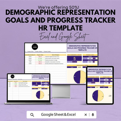 Demographic Representation Goals & Progress Tracker HR Template | Diversity and Inclusion Spreadsheet | HR Analytics Dashboard