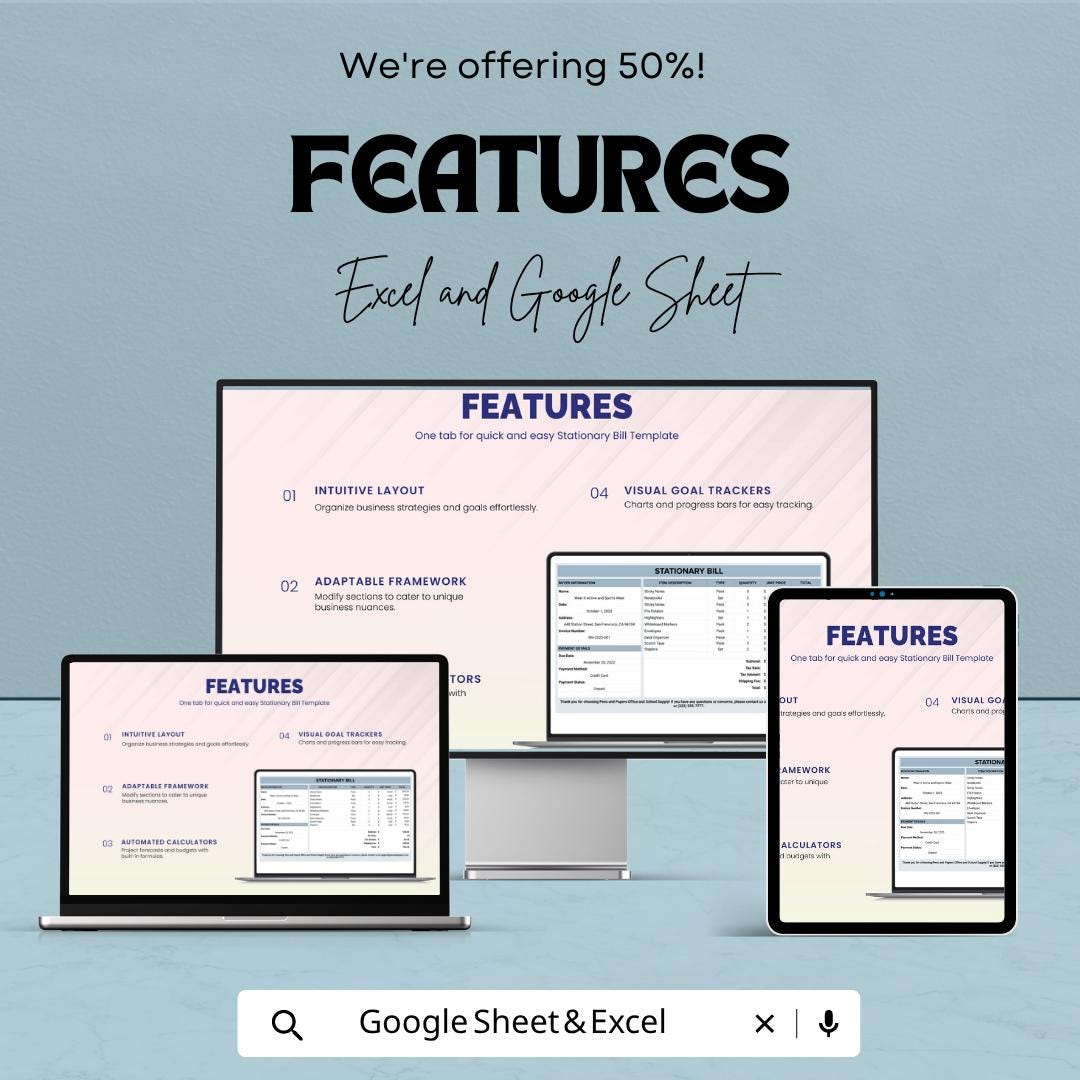 Stationary Bill Template | Office Supply Invoice Spreadsheet | Stationery Billing Tracker | Excel & Google Sheets Template |