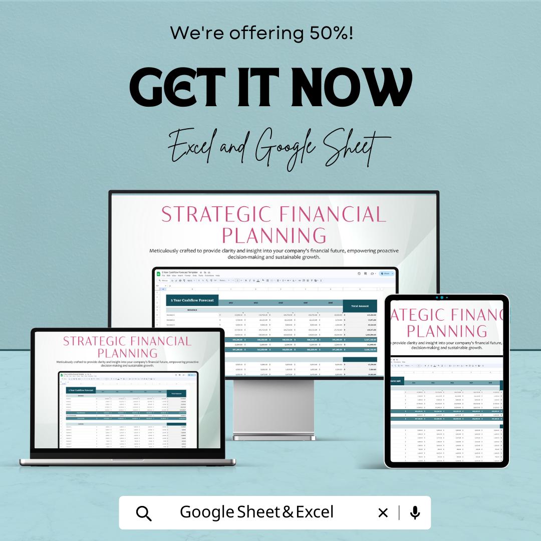 5 Year Cash Flow Forecast Template | Financial Projection Spreadsheet | Business Budget Planner | Excel and Google Sheets Cashflow Tracker