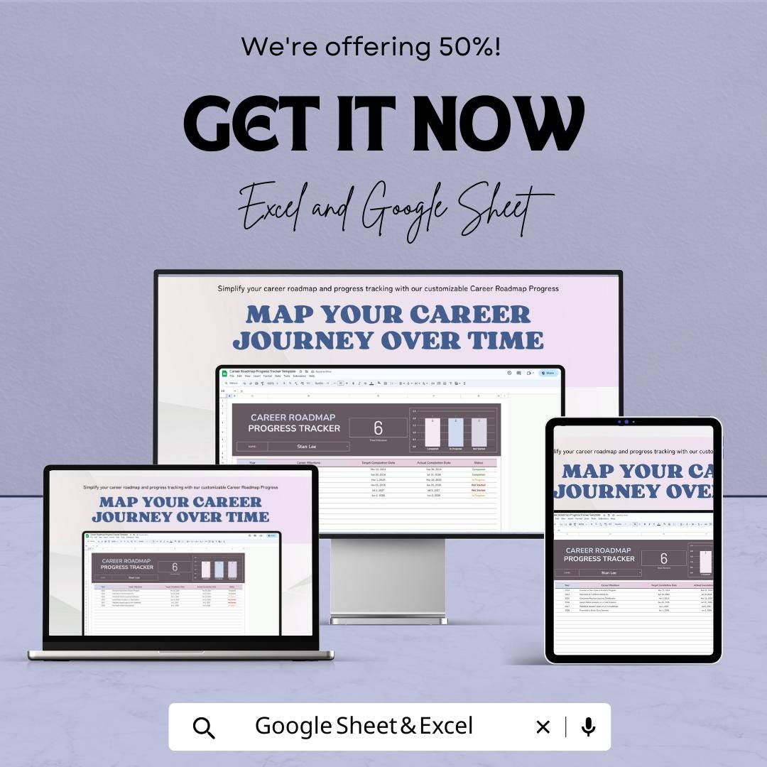Career Roadmap Progress Tracker Template |  Goal Milestone Tracker Spreadsheet | Personal Development Plan