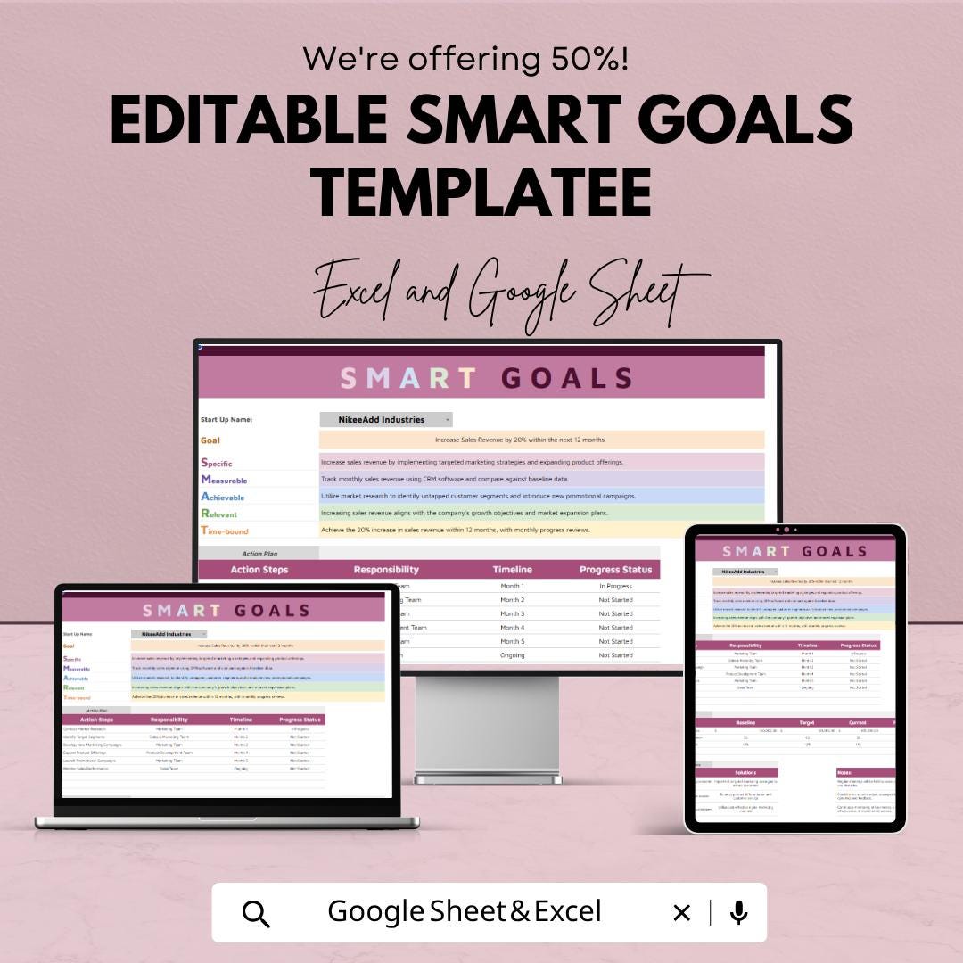 SMART Goals Template | Goal Planner | Action Plan Tracker | Productivity Planner | Personal & Business Goal Setting Tool