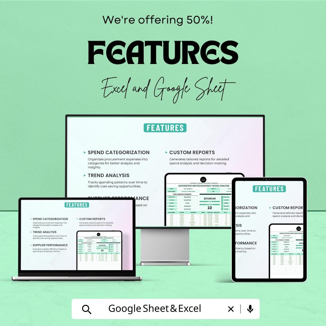Administration Procurement Spend Analysis Sheet | Procurement | Google Sheet Template | Expense Tracker & Budget Planner for Businesses