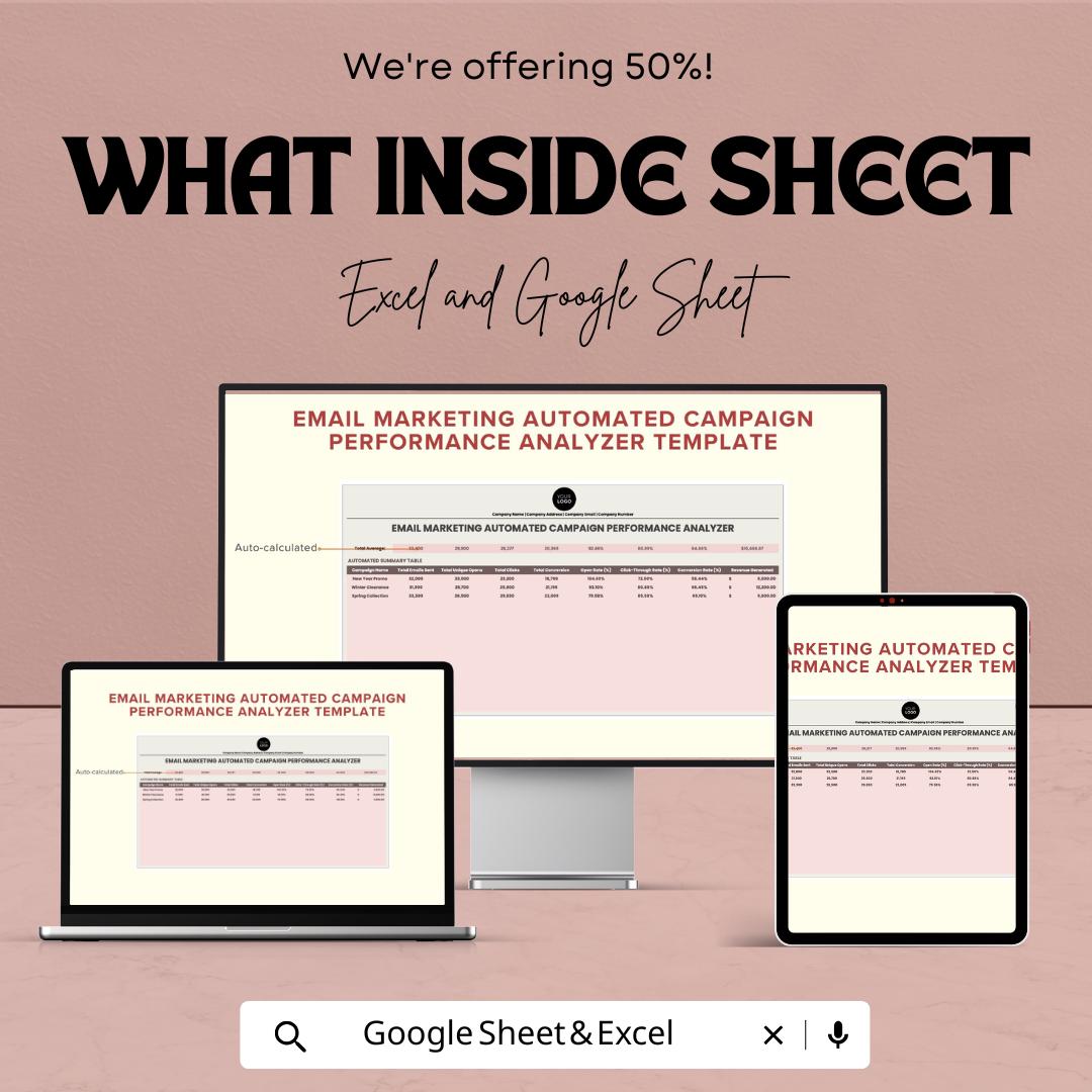 Email Marketing Campaign Performance Analyzer Template | Automated Email Analytics Dashboard | Excel & Google Sheets | Marketing KPI Tracker