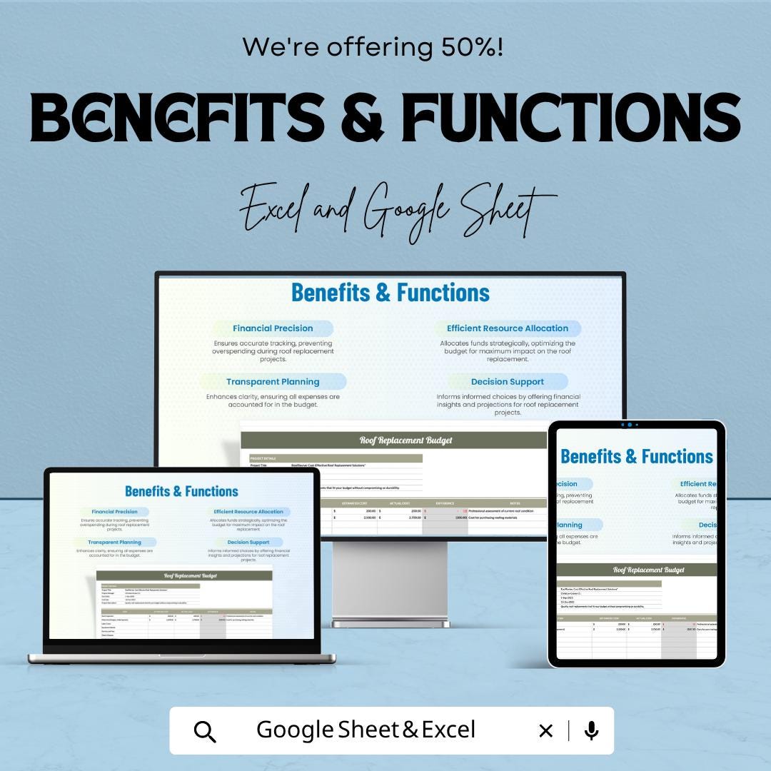 Roof Replacement Budget Template | Roofing Cost Estimator Spreadsheet | Roof Project Budget Planner | Excel & Google Sheets |