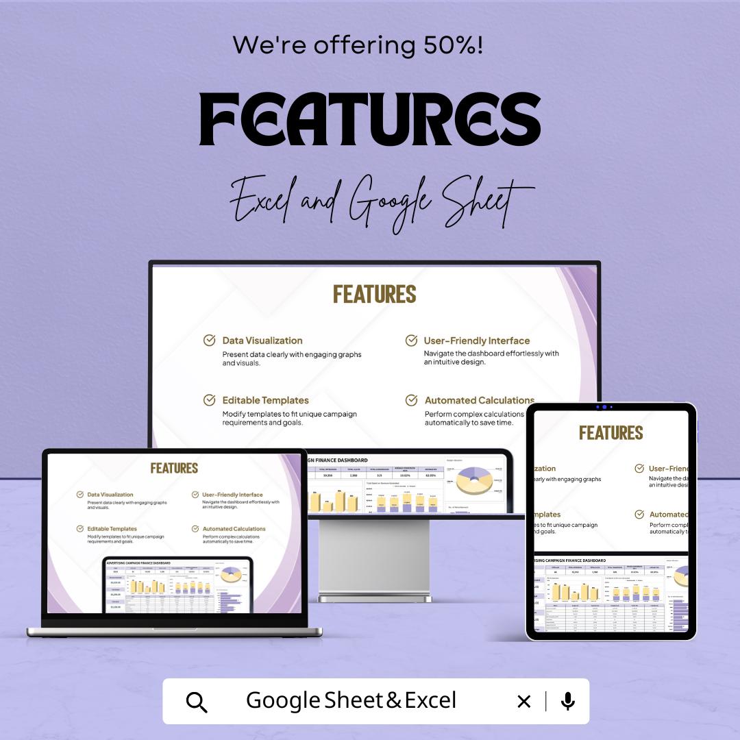Advertising Campaign Finance Dashboard Template | Marketing Budget Tracker | ROI Dashboard | Ad Spend Tracker | Editable Analytic sheet